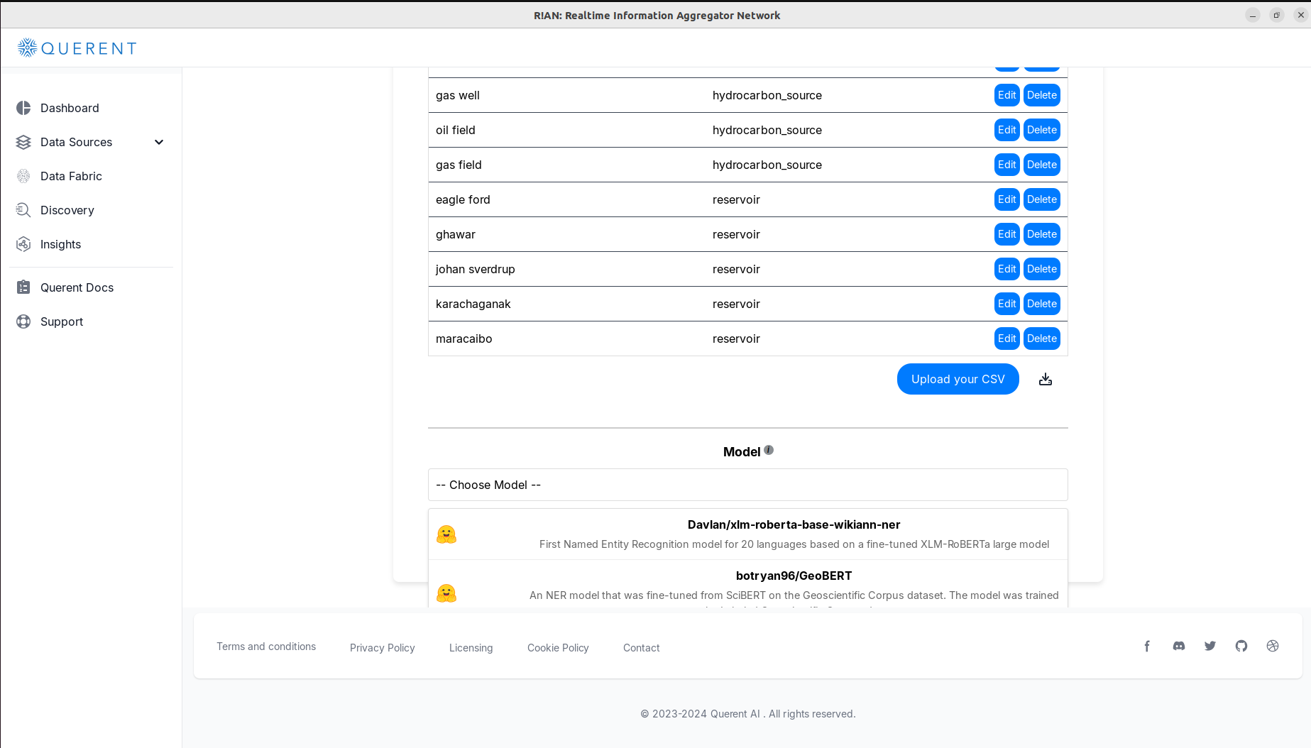 R!AN Dashboard - Select NER Model